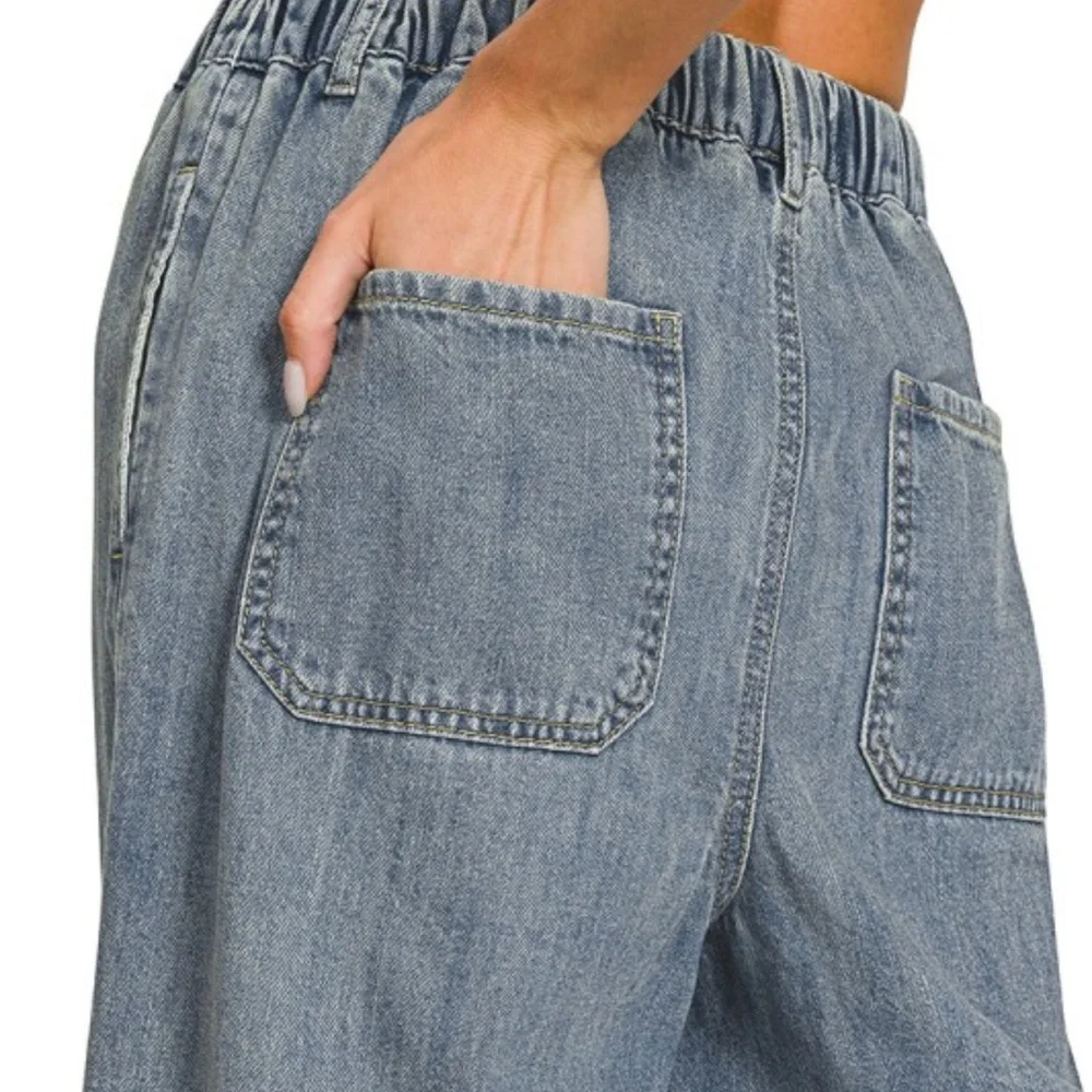 Zenana Wide Leg Denim Pants Drawstring Elastic Waist High Rise Medium NWT - Picture 6 of 13